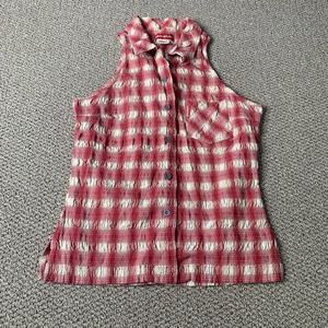 VTG Union‎ Bay Womens Shirt Large Red Cream Plaid Sleeveless Button Up Y2K Retro